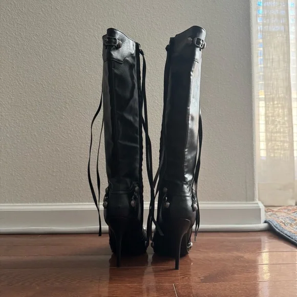 Rocker Chic Knee High Studded Stiletto Boots with Tassels - Picture 9 of 13